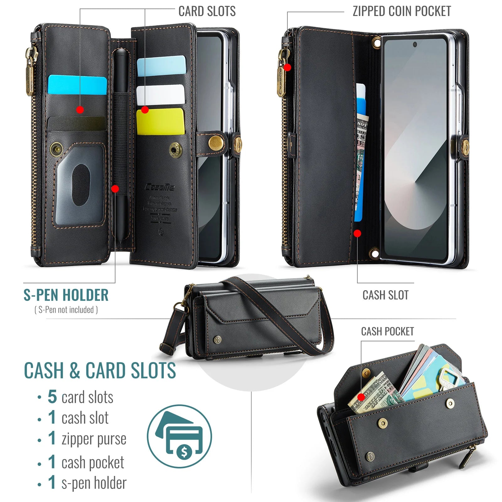 Galaxy Z Fold 7 Leather Strap Zipper Card Holder Wallet