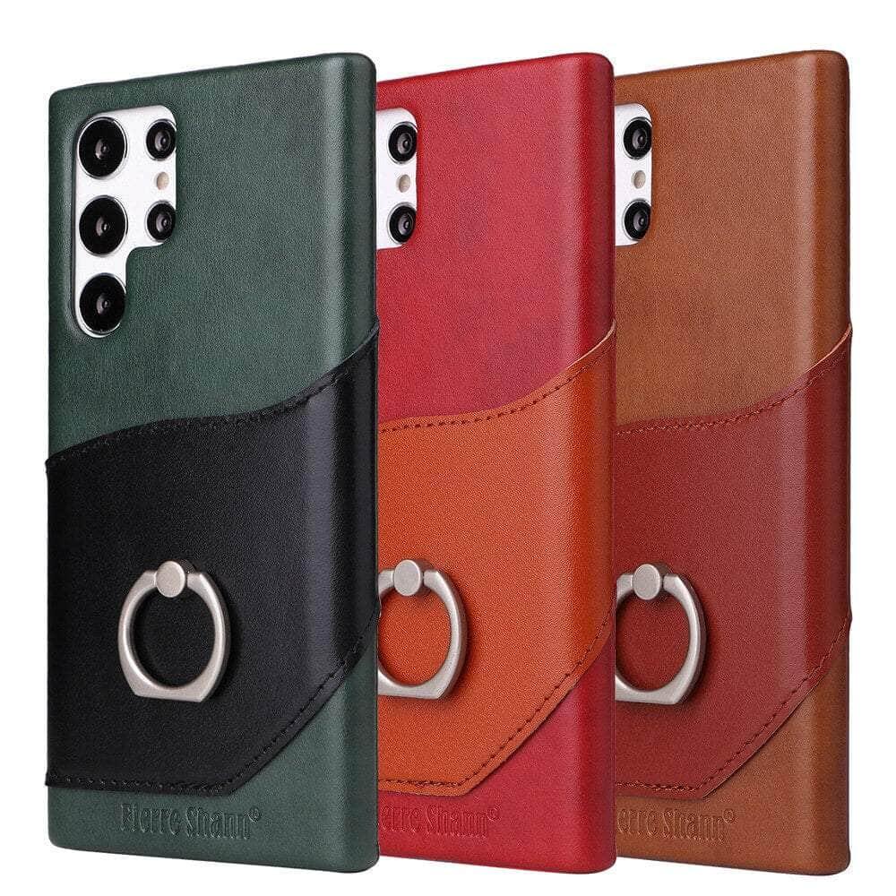 CaseBuddy Australia Casebuddy Genuine Leather Back Cover Metal Ring Finger Holder S22 Plus Card Pocket