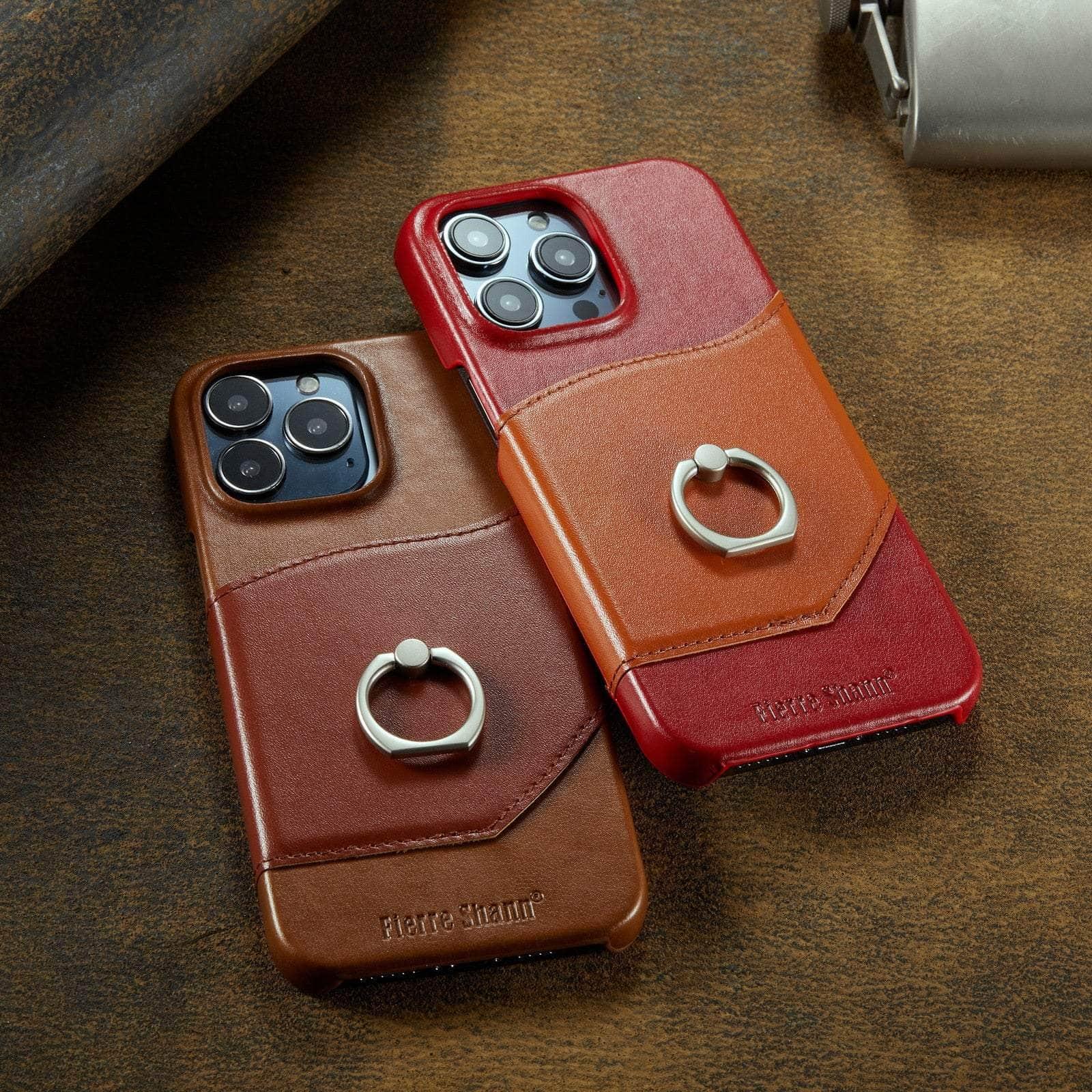 360° iPhone 15 Pro Max Ring Kickstand Real Leather Cover