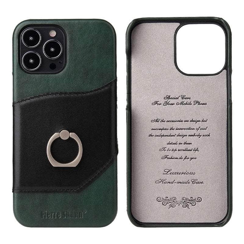 360° iPhone 15 Pro Max Ring Kickstand Real Leather Cover