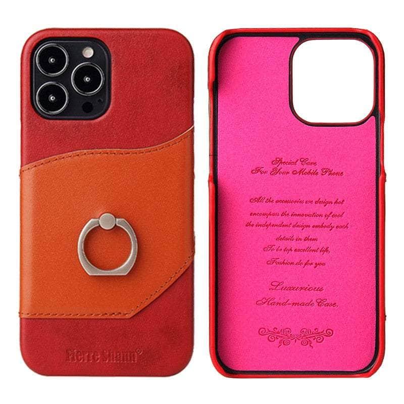 360° iPhone 15 Pro Max Ring Kickstand Real Leather Cover