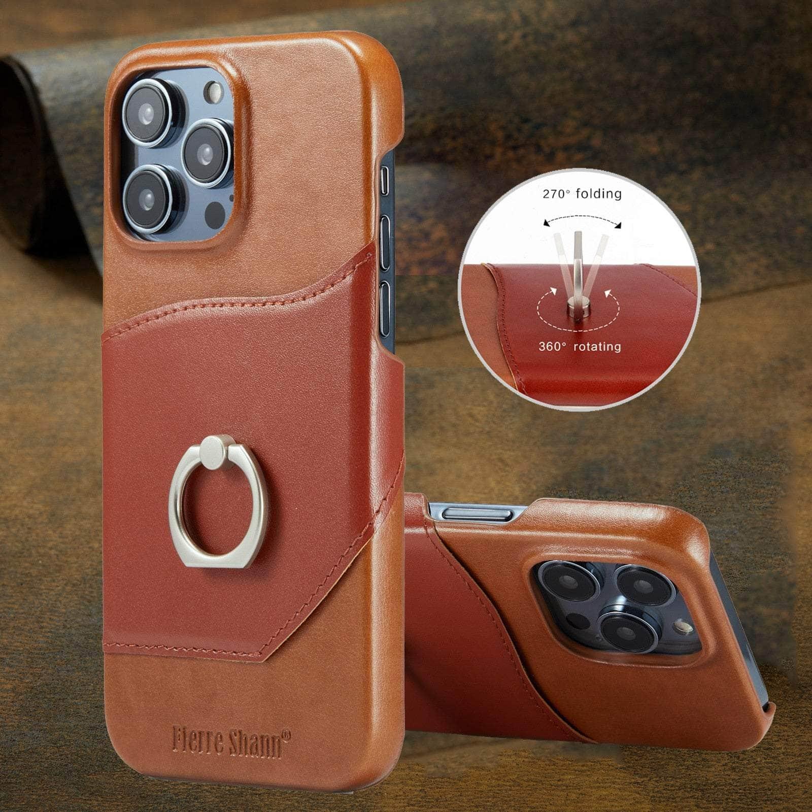 360° iPhone 15 Pro Max Ring Kickstand Real Leather Cover