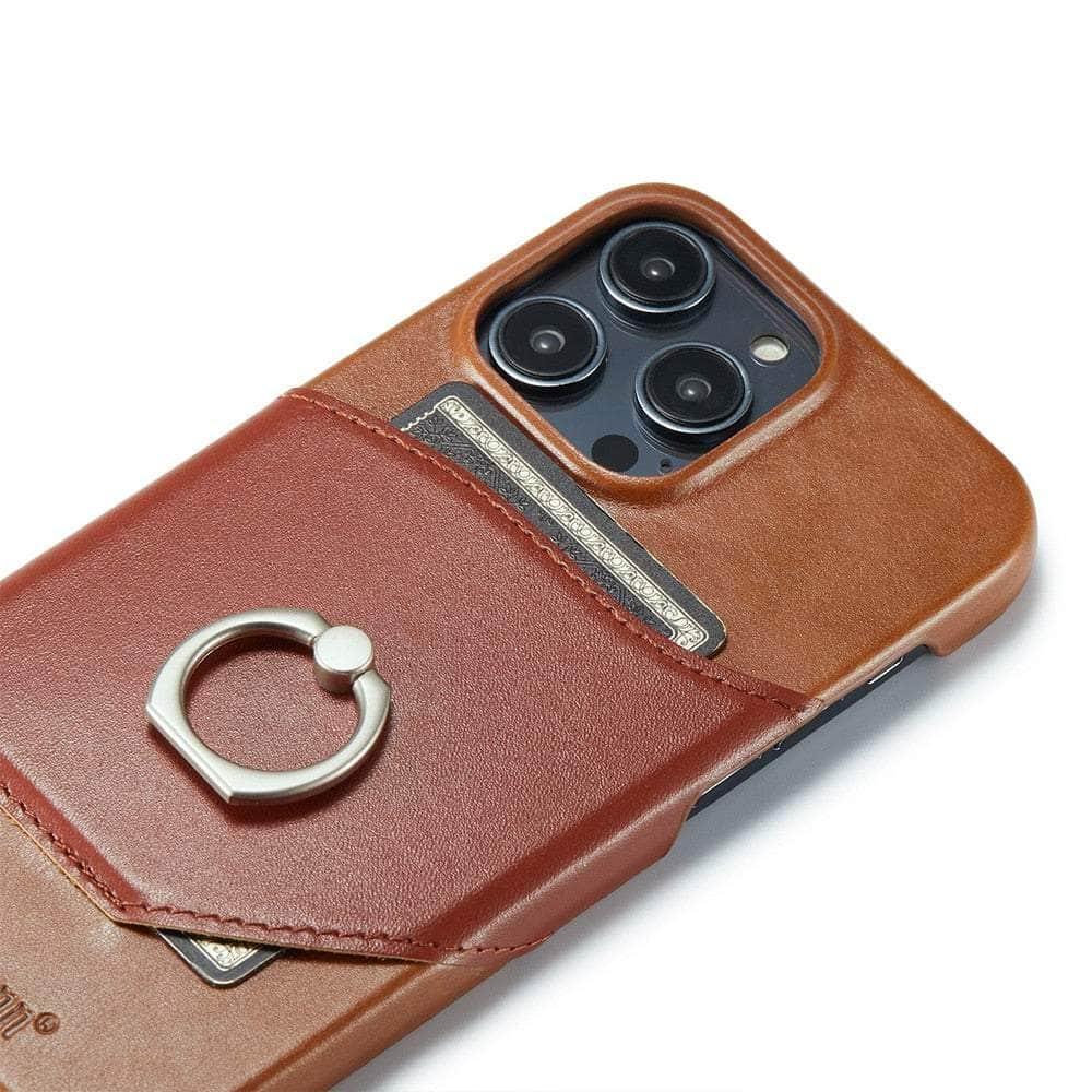 360° iPhone 15 Pro Max Ring Kickstand Real Leather Cover