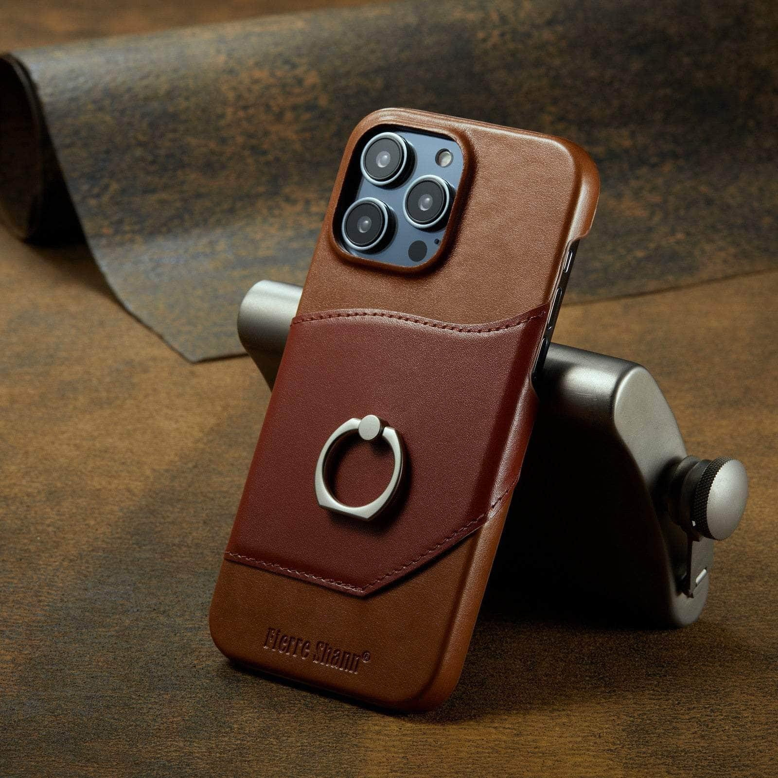 360° iPhone 15 Ring Kickstand Real Leather Cover