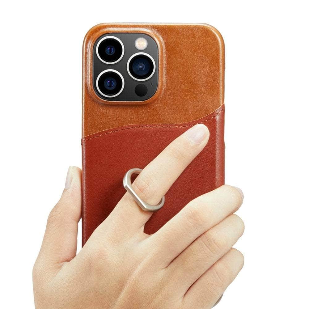 360° iPhone 15 Ring Kickstand Real Leather Cover