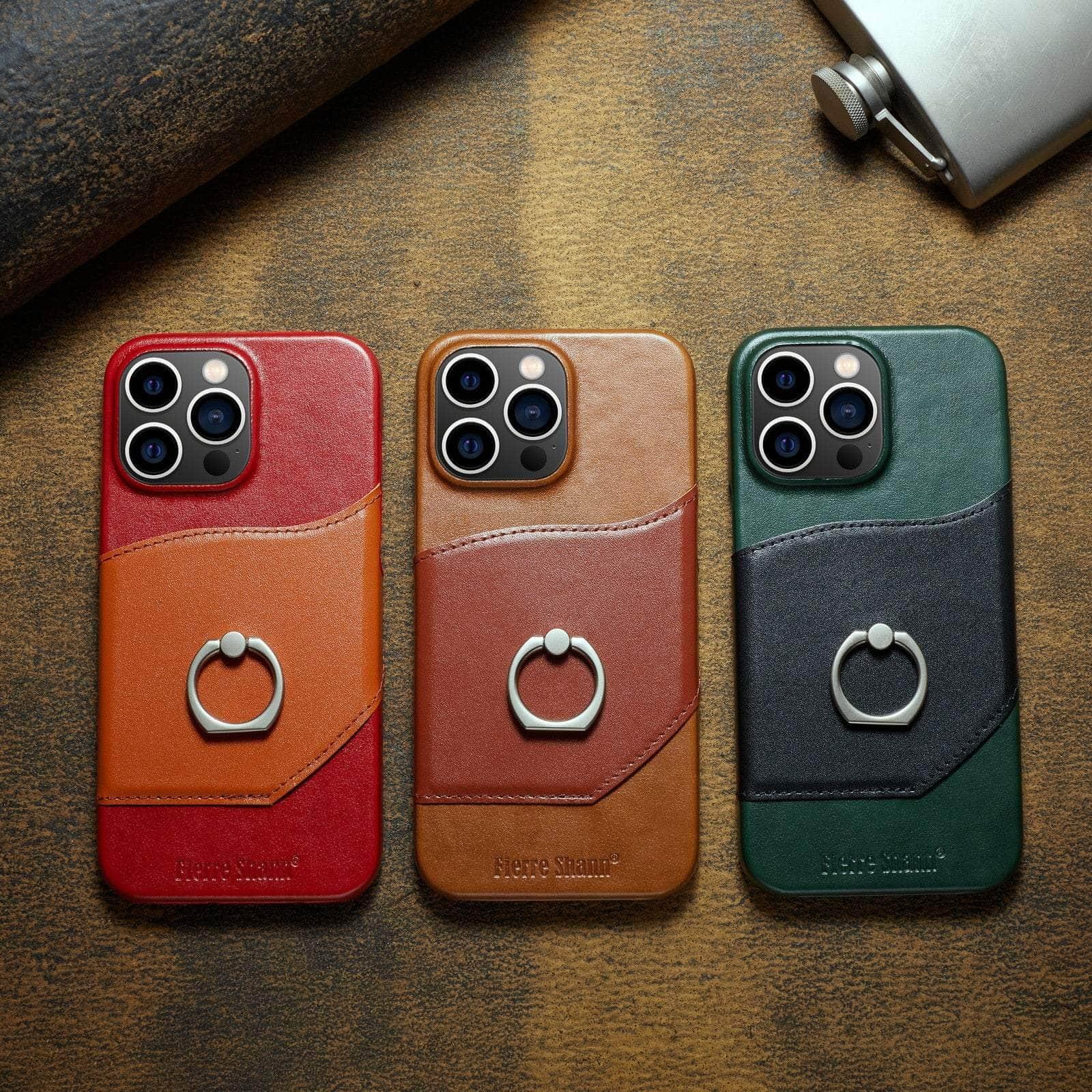 360° iPhone 15 Ring Kickstand Real Leather Cover