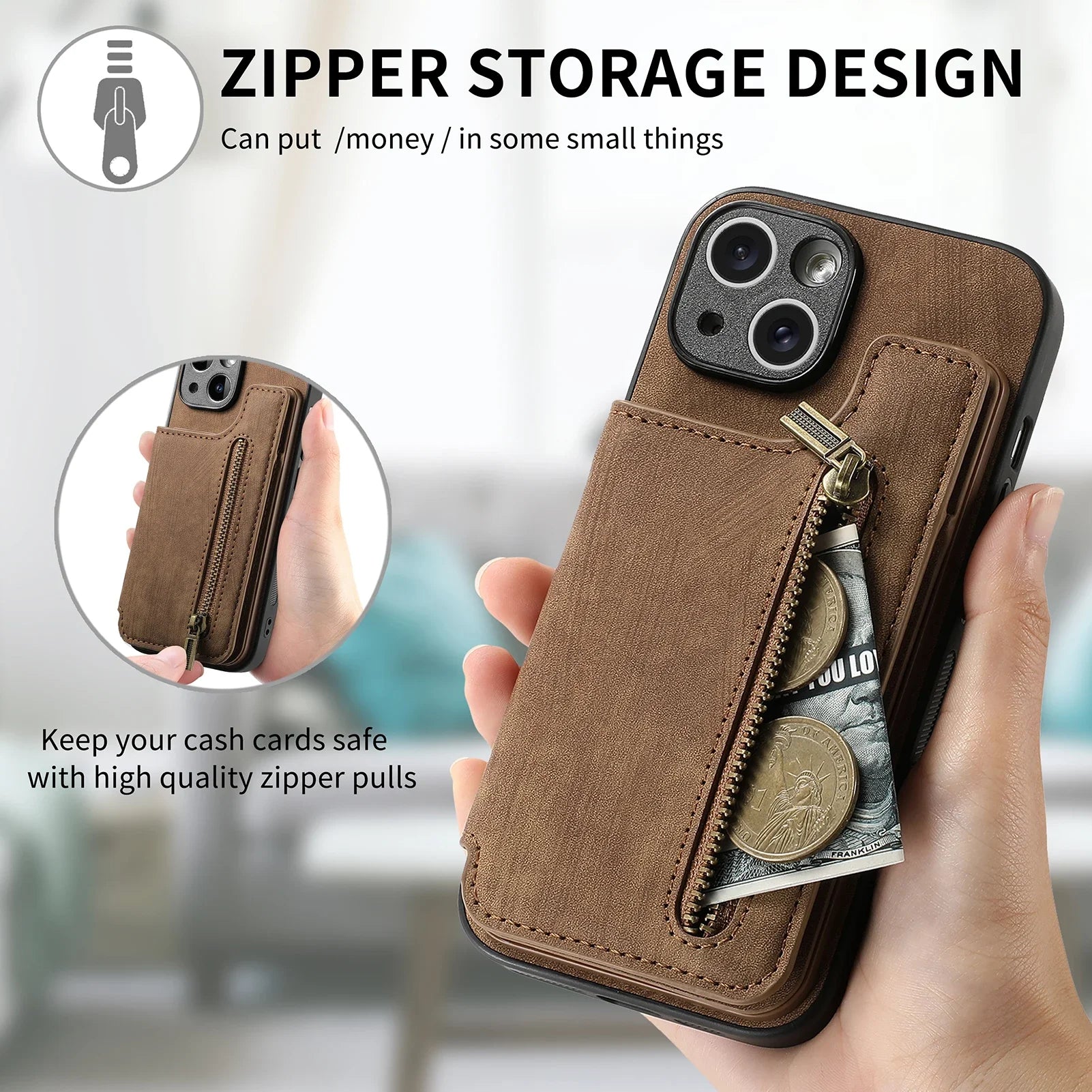 iPhone 16 Plus Zipper Cards Wallet Vegan Leather Case