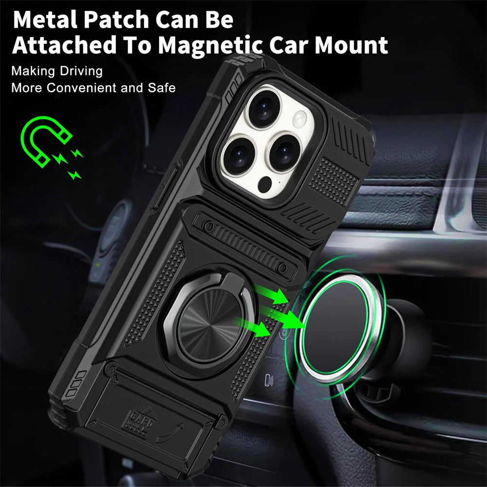 iPhone 16 Pro Max Rotated Ring Kickstand Heavy Duty Armor Wallet Case