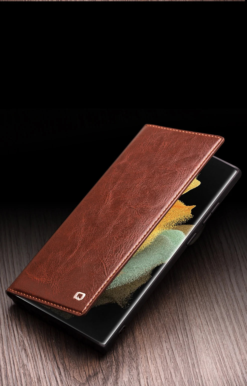 Galaxy S25 Plus Qialino Glossy Genuine Leather Card Slots Retro Wallet