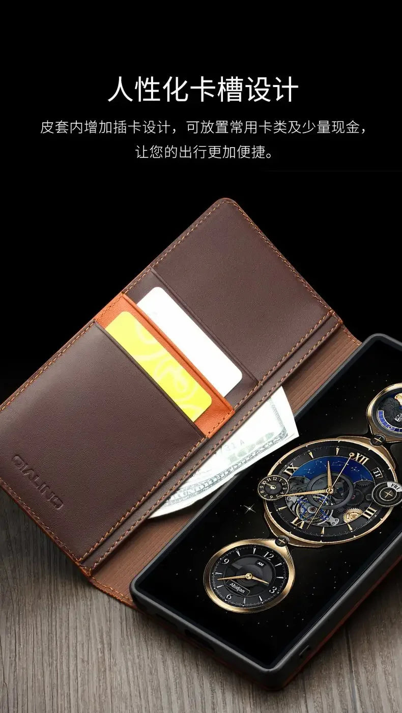 Galaxy S25 Qialino Genuine Leather Flip Retro Wallet