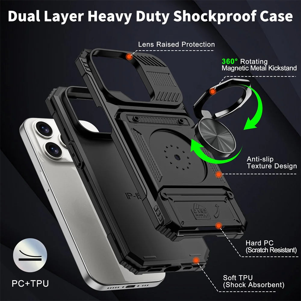 iPhone 16 Pro Rotated Ring Kickstand Heavy Duty Armor Wallet Case