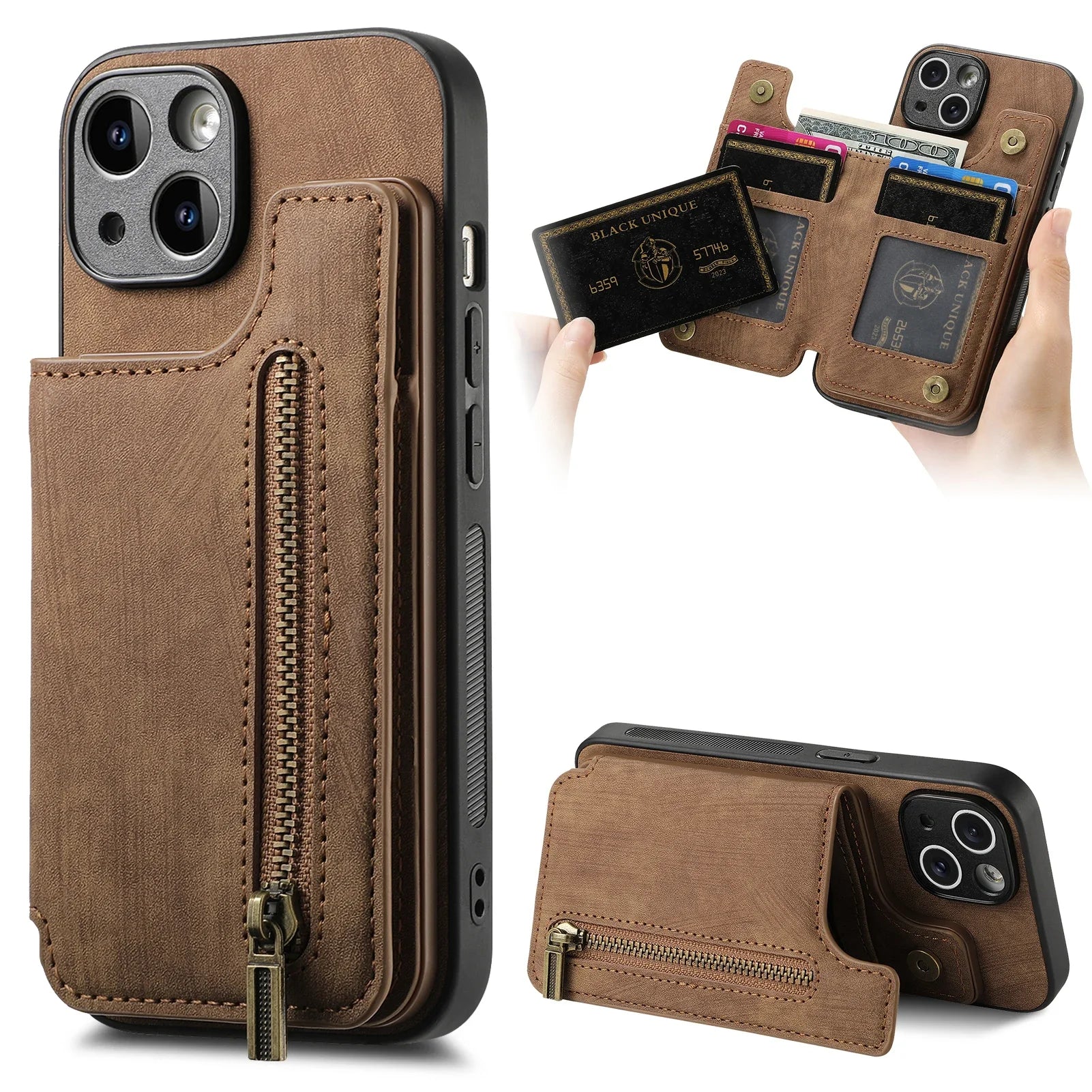 iPhone 16 Zipper Cards Wallet Vegan Leather Case