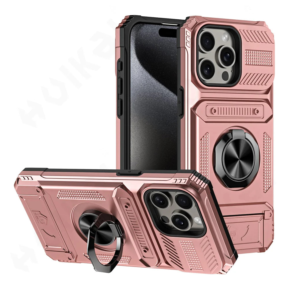 iPhone 16 Plus Rotated Ring Kickstand Heavy Duty Armor Wallet Case