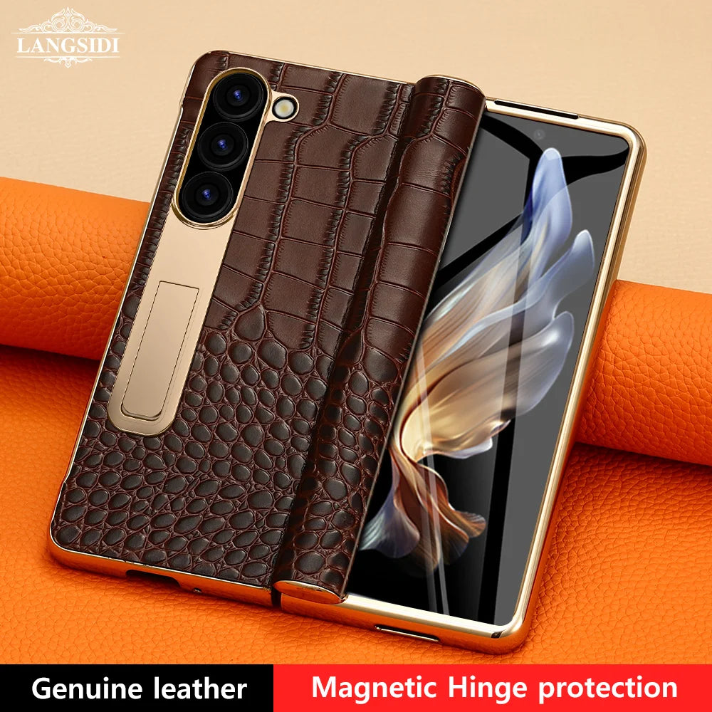 Real Leather Galaxy Z Fold 6 Hinge Kickstand Cover