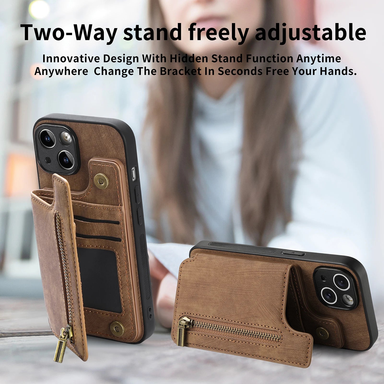 iPhone 16 Pro Zipper Cards Wallet Vegan Leather Case