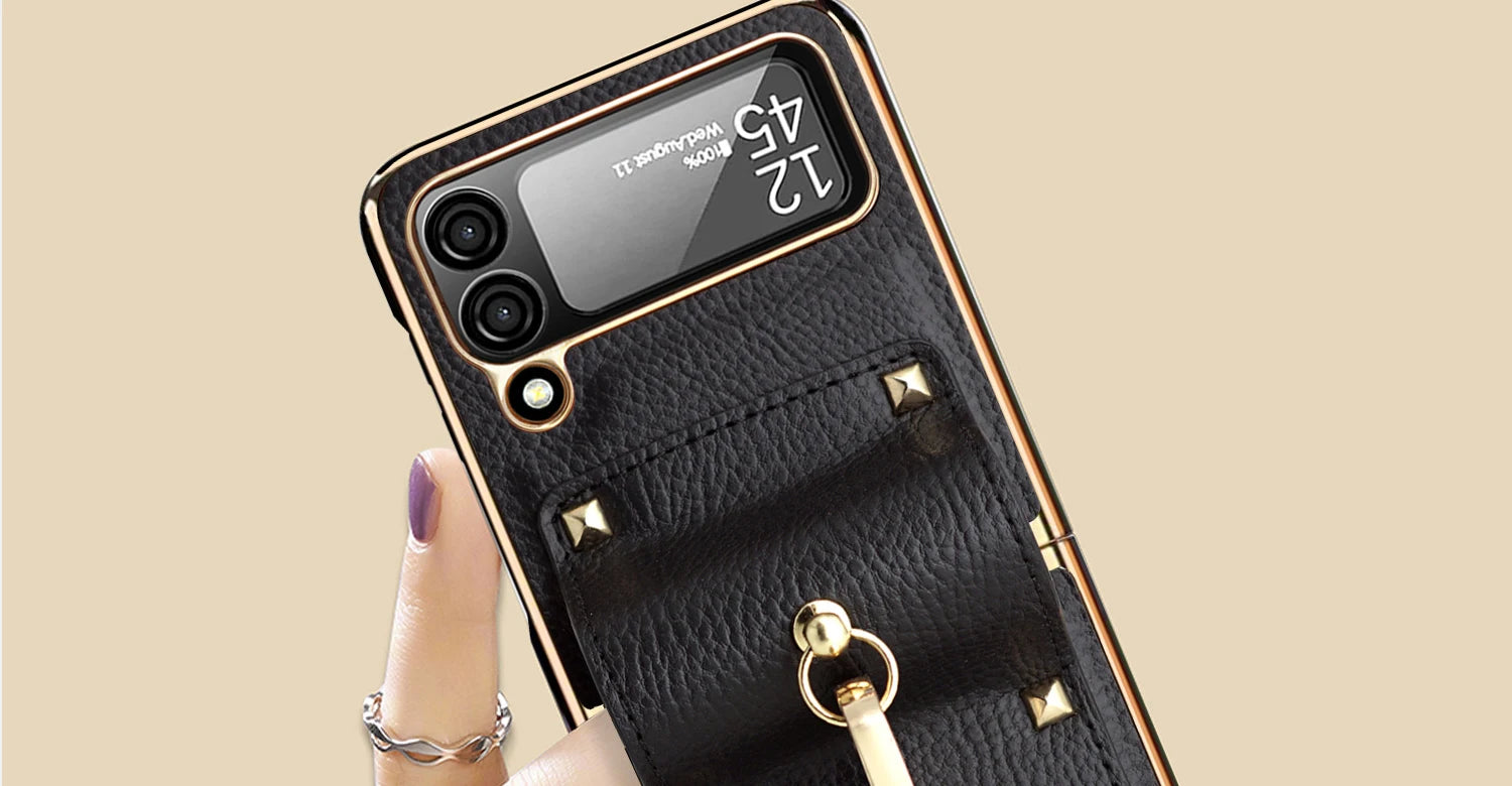 Vegan Leather Plating Galaxy Z Flip 6 Ring Holder Case