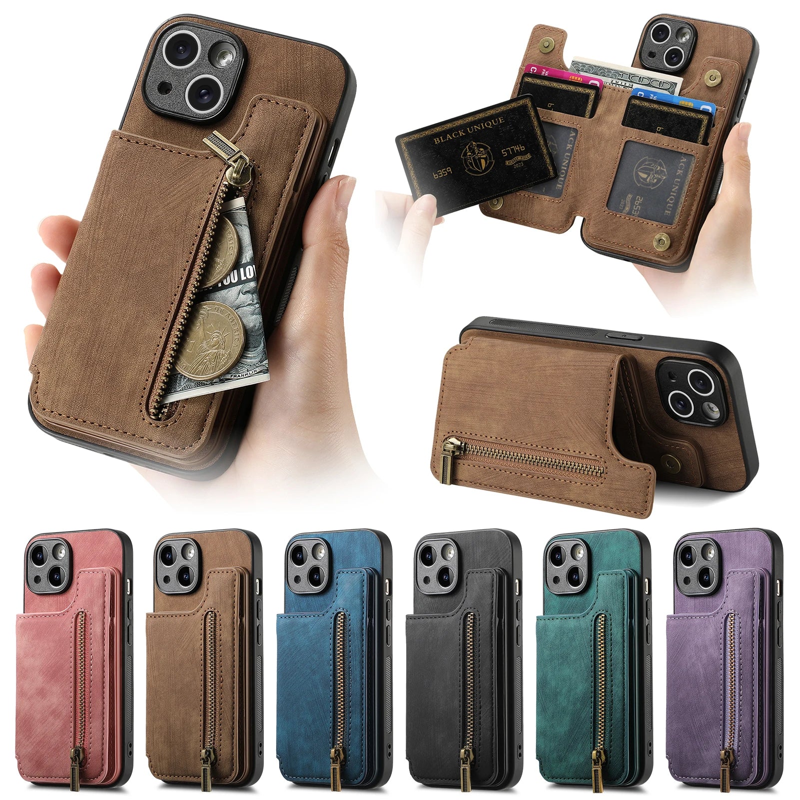 iPhone 16 Pro Zipper Cards Wallet Vegan Leather Case