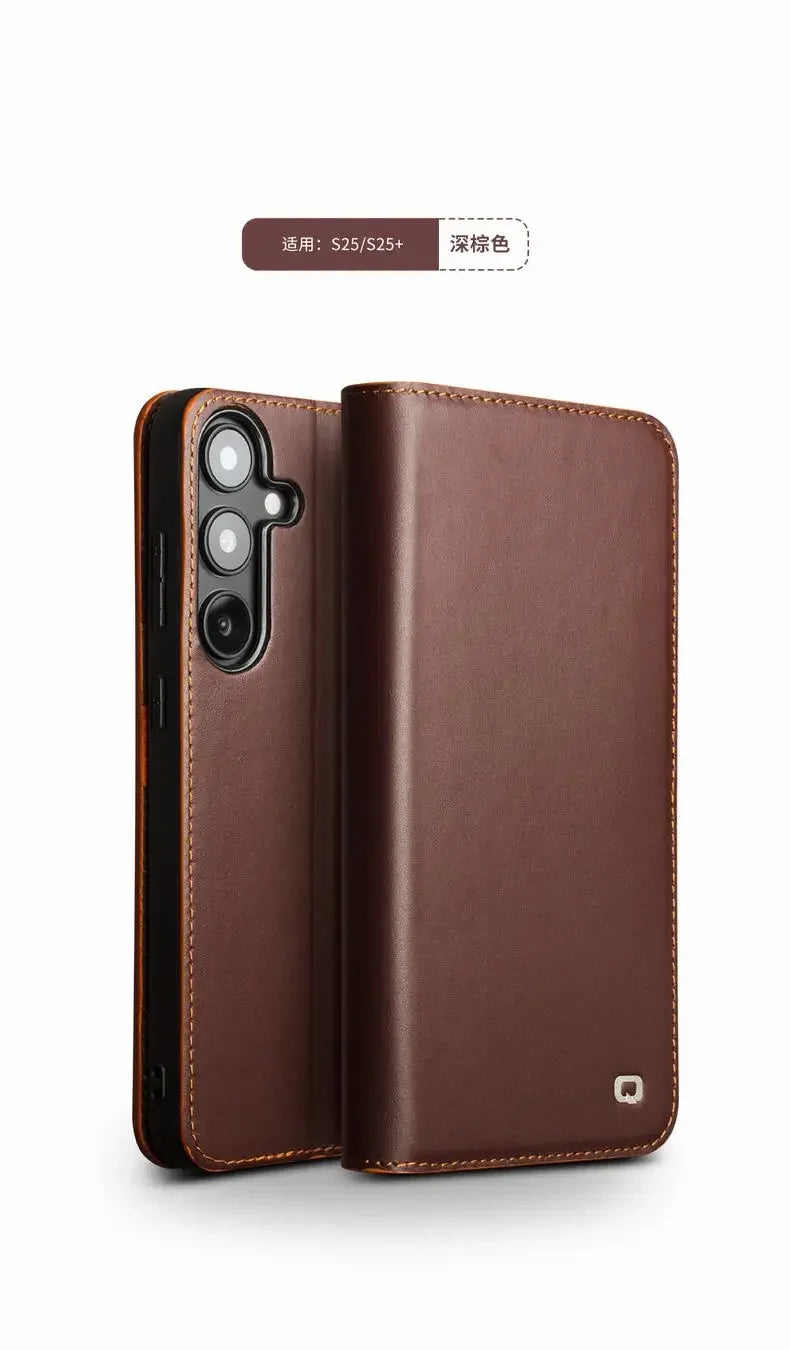 Galaxy S25 Qialino Genuine Leather Flip Retro Wallet