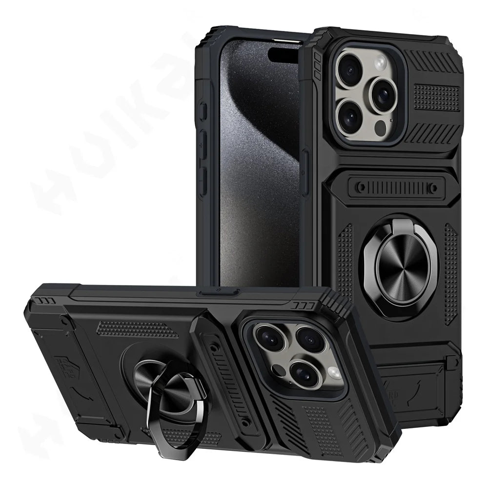 iPhone 16 Plus Rotated Ring Kickstand Heavy Duty Armor Wallet Case