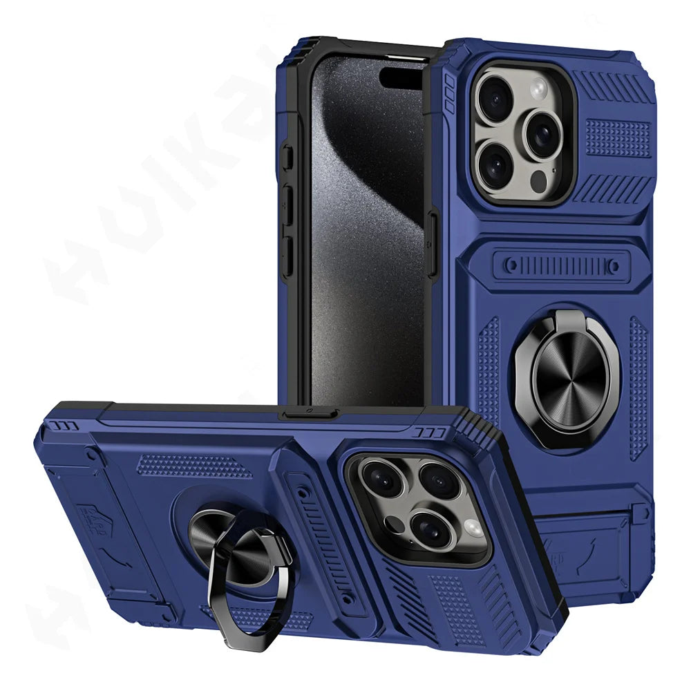 iPhone 16 Pro Max Rotated Ring Kickstand Heavy Duty Armor Wallet Case