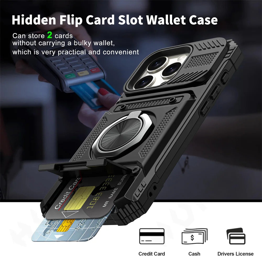 iPhone 16 Rotated Ring Kickstand Heavy Duty Armor Wallet Case