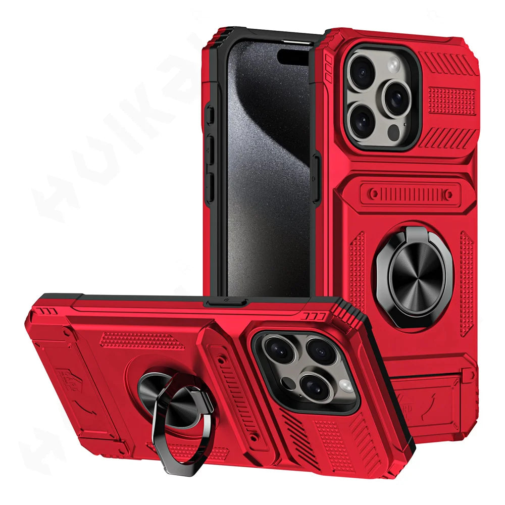 iPhone 16 Pro Rotated Ring Kickstand Heavy Duty Armor Wallet Case