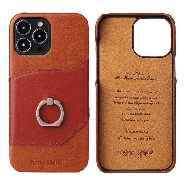 Casebuddy Light Brown / iPhone 15 Pro Max 360° iPhone 15 Pro Max Ring Kickstand Real Leather Cover