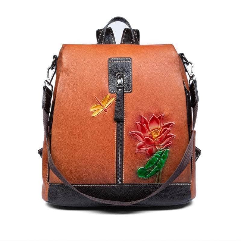Casebuddy brown Flower Pattern Vintage Genuine Leather Backpack