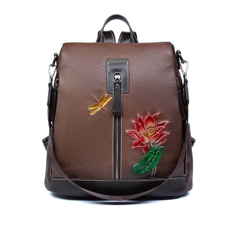 Casebuddy coffee Flower Pattern Vintage Genuine Leather Backpack