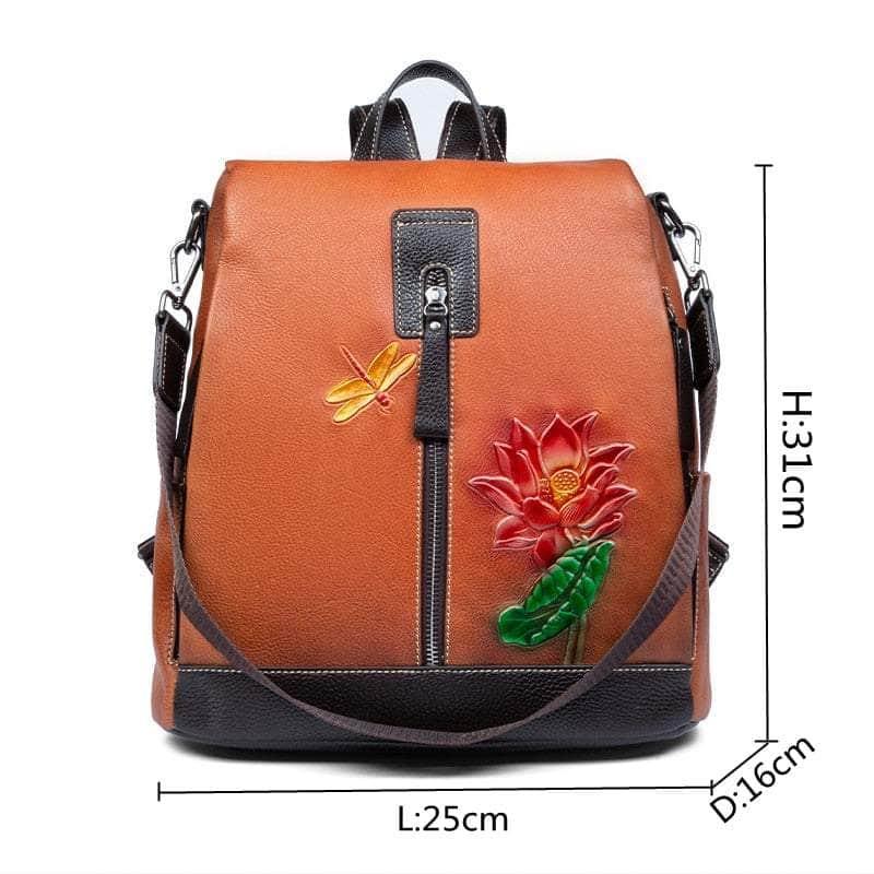 Casebuddy Flower Pattern Vintage Genuine Leather Backpack