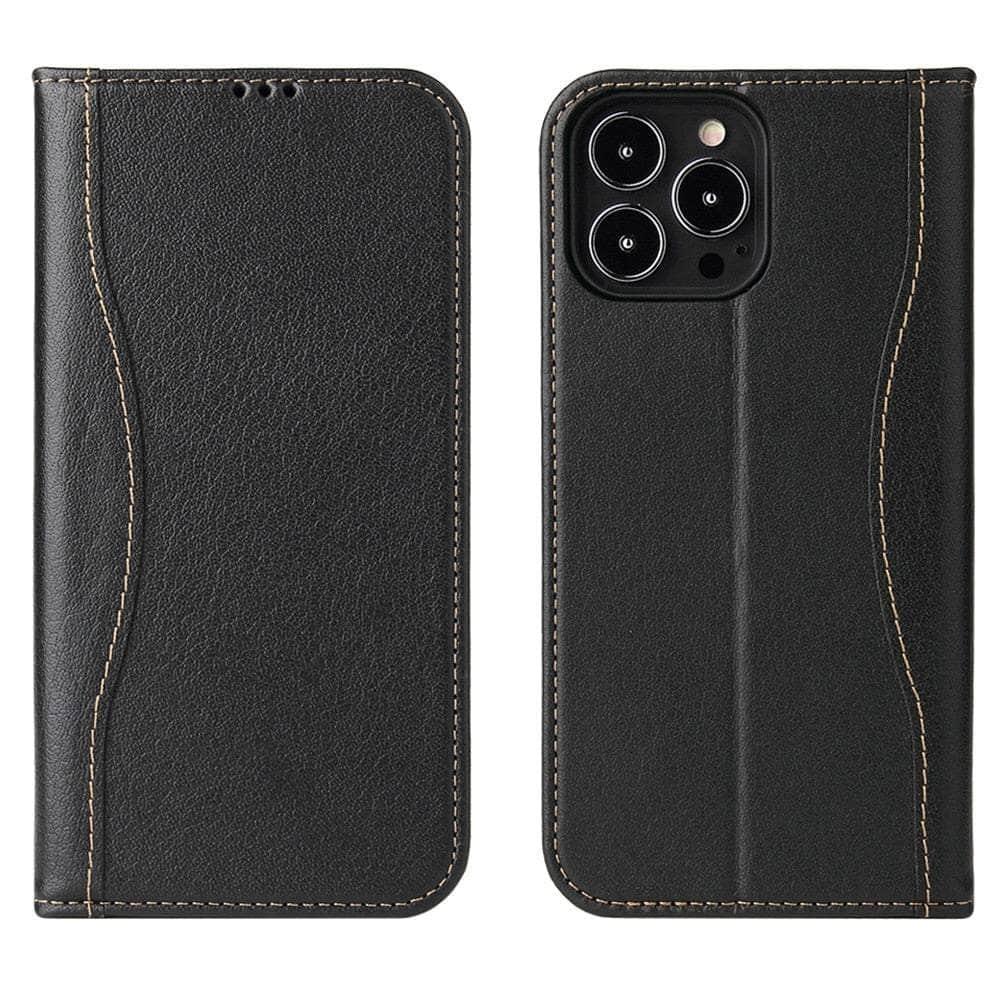 Casebuddy black / for iPhone 14 Pro iPhone 14 Pro Real Genuine Leather Magnetic Flip Cover