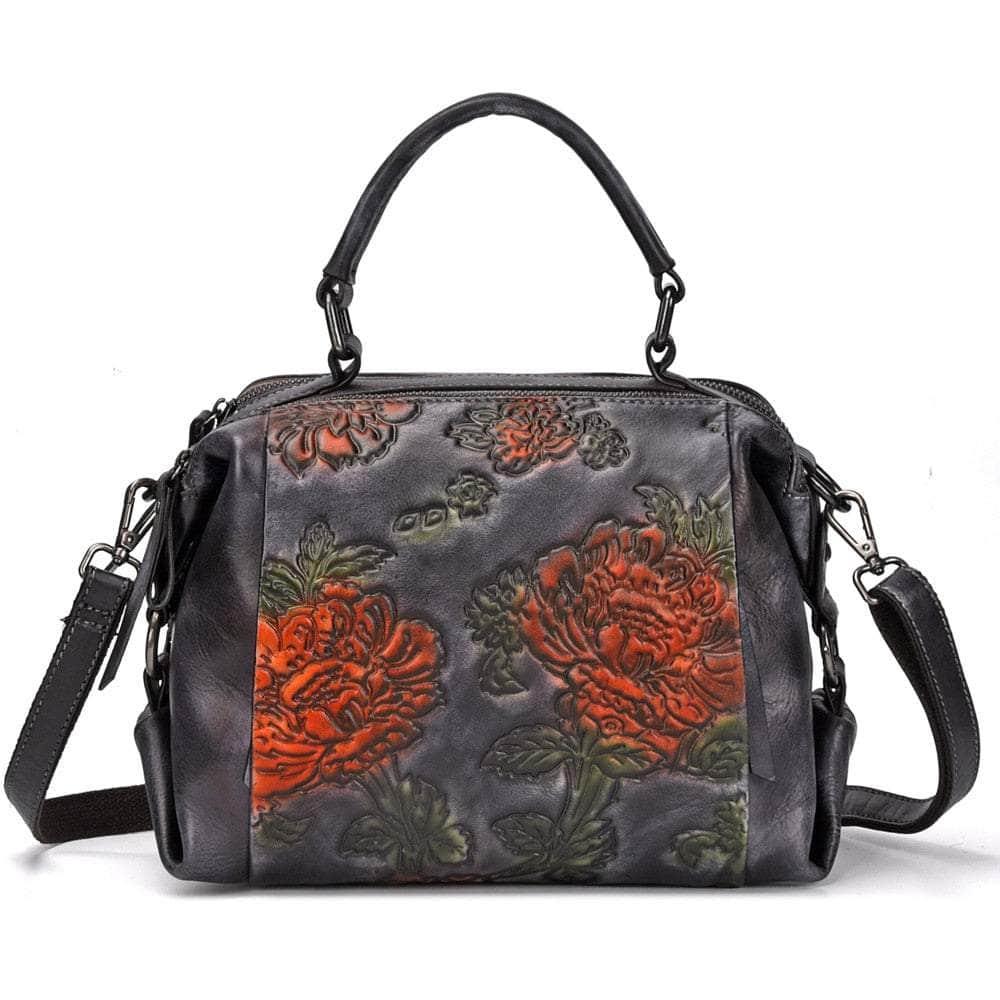 Casebuddy black Red Flower Pattern Genuine Leather Women Handbag