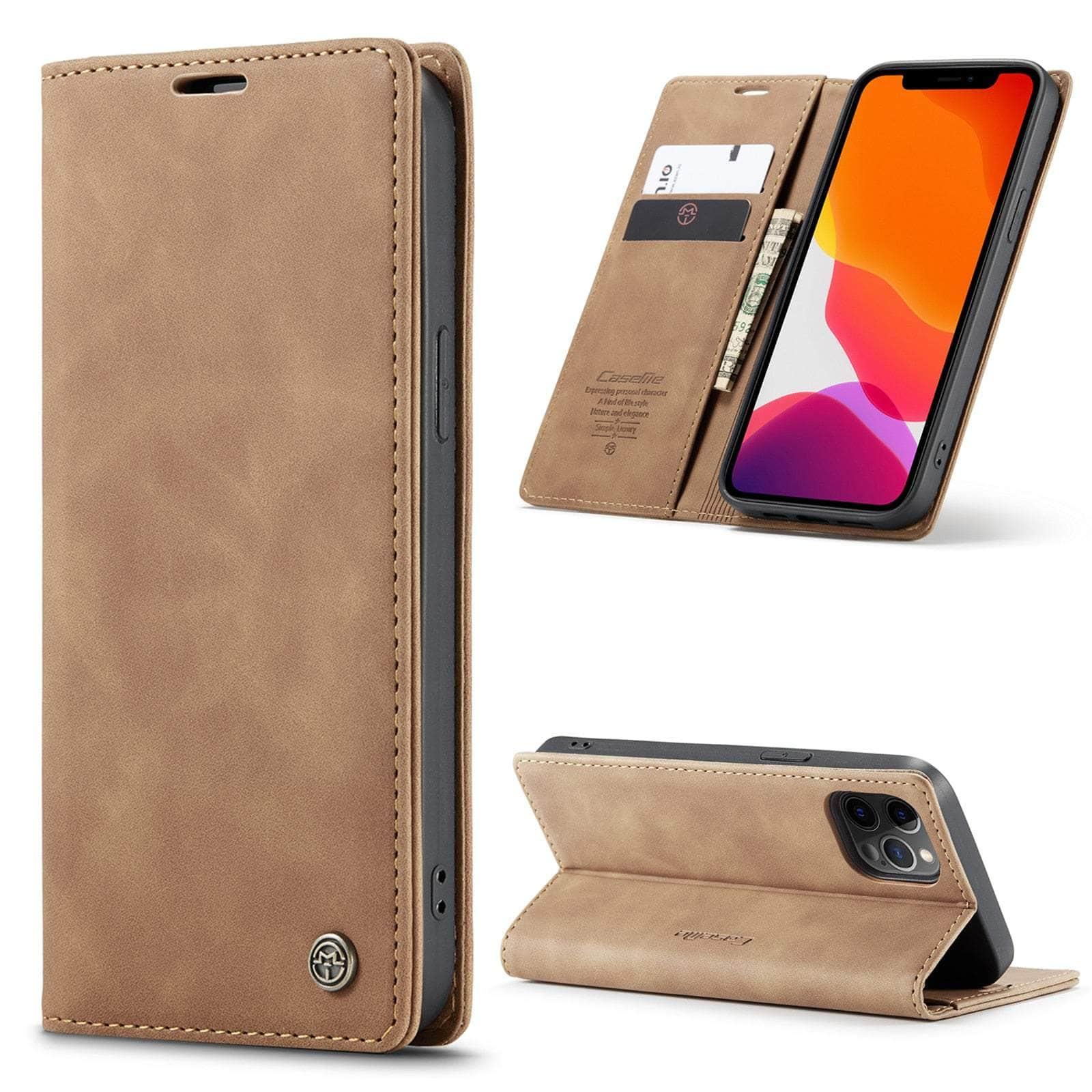 Casebuddy For iPhone 14 Pro / Dark Brown CaseMe iPhone 14 Pro Retro Magnetic Card Leather Wallet