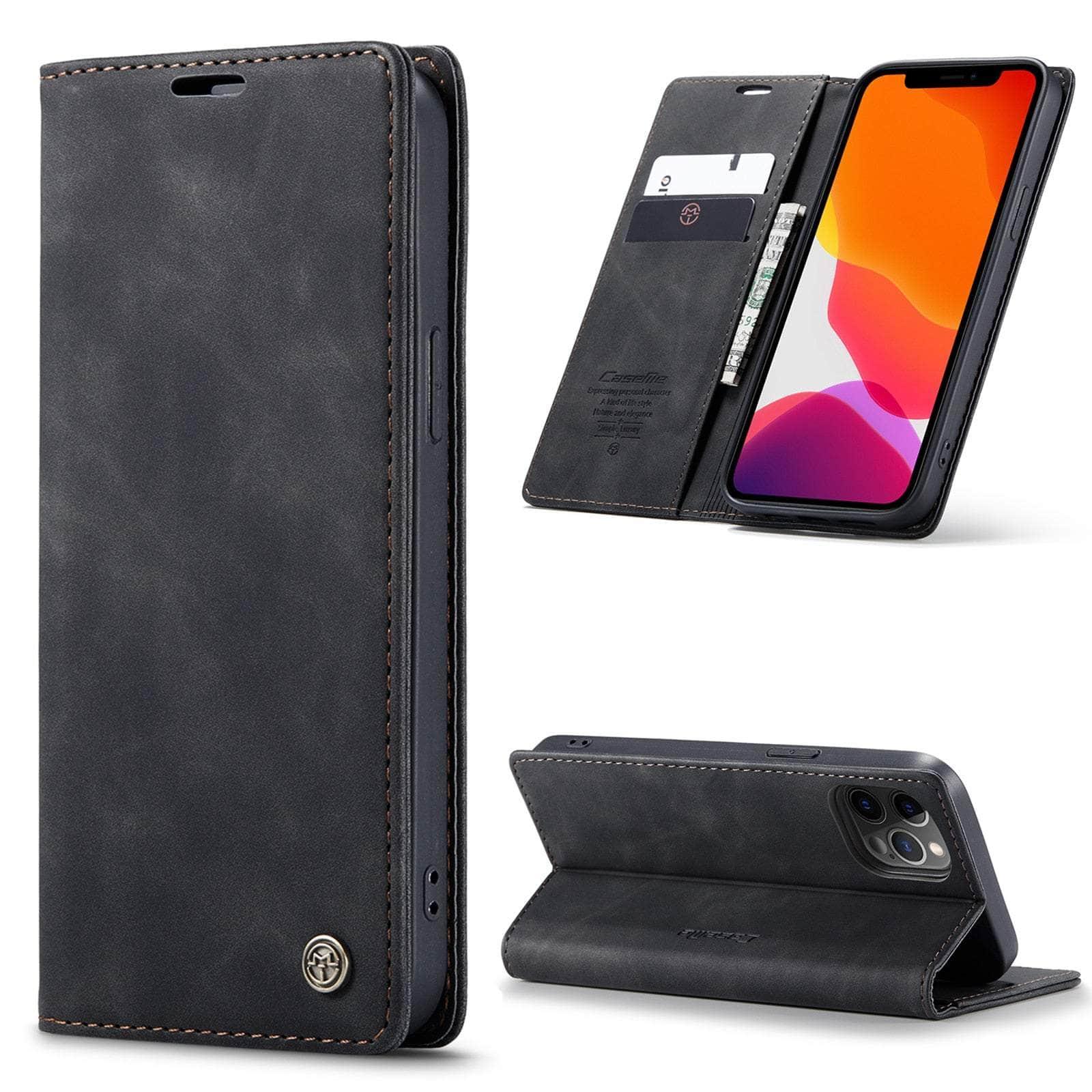 Casebuddy For iPhone 14 Pro / Black CaseMe iPhone 14 Pro Retro Magnetic Card Leather Wallet