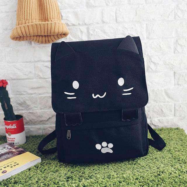 Cute Cat Canvas Backpack Cartoon Embroidery Teenage Girls School Bag - CaseBuddy