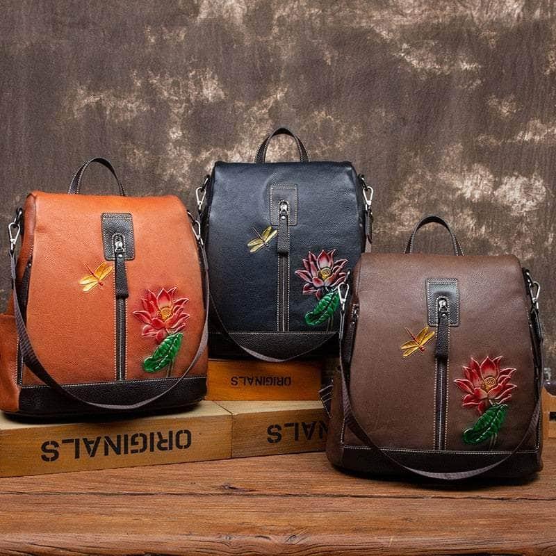 Casebuddy Flower Pattern Vintage Genuine Leather Backpack