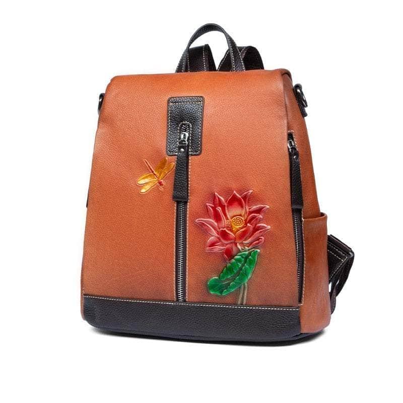 Casebuddy Flower Pattern Vintage Genuine Leather Backpack