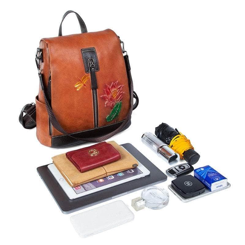 Casebuddy Flower Pattern Vintage Genuine Leather Backpack
