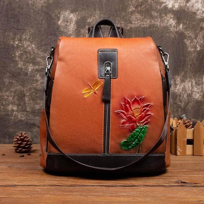 Casebuddy Flower Pattern Vintage Genuine Leather Backpack
