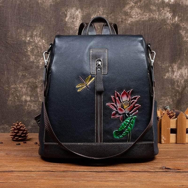 Casebuddy Flower Pattern Vintage Genuine Leather Backpack