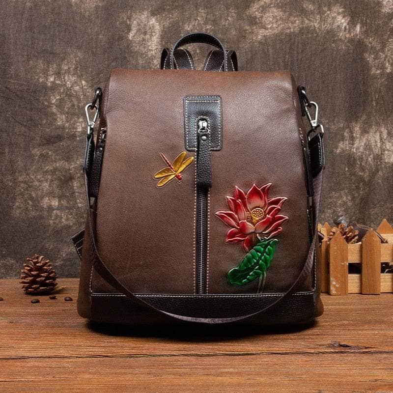 Casebuddy Flower Pattern Vintage Genuine Leather Backpack