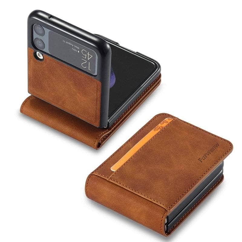 Casebuddy For Samsung Z Flip 3 / Brown Case Galaxy Z Flip 3 Luxury Leather Wallet