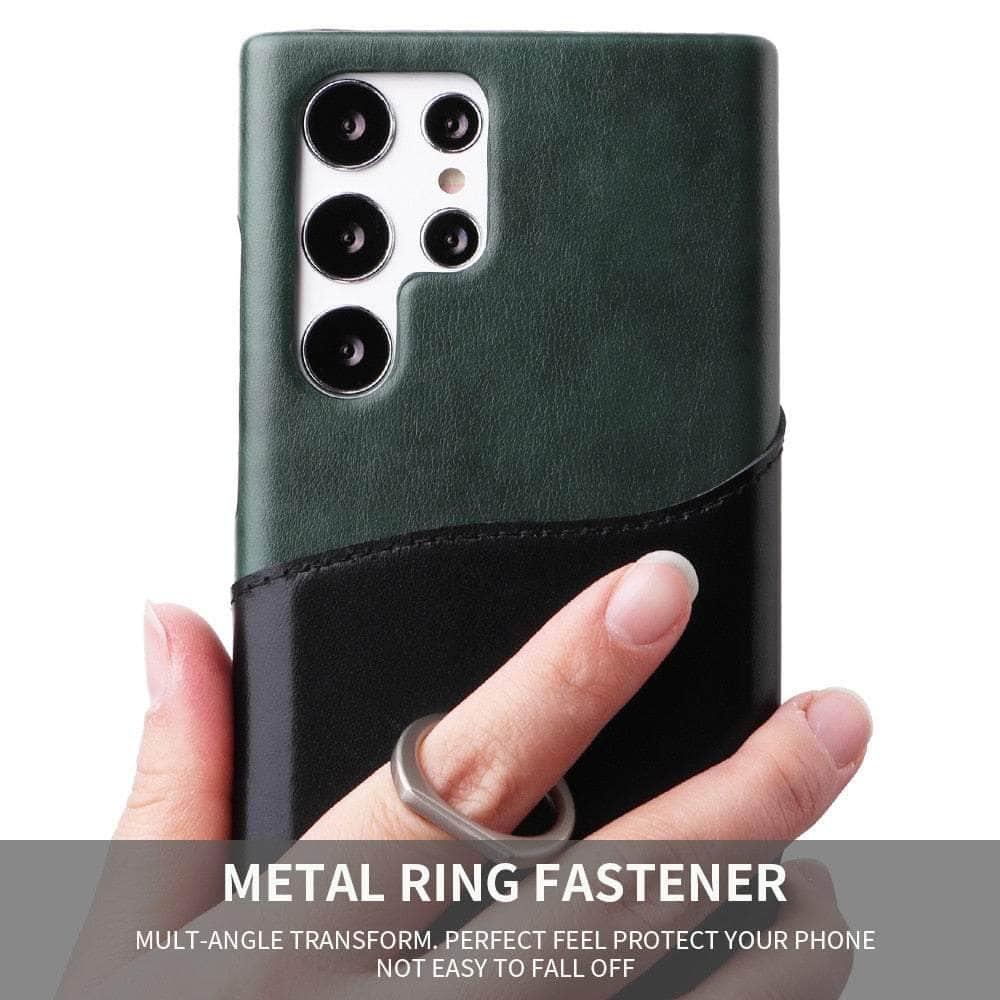 CaseBuddy Australia Casebuddy Genuine Leather Back Cover Metal Ring Finger Holder S22 Ultra Card Pocket