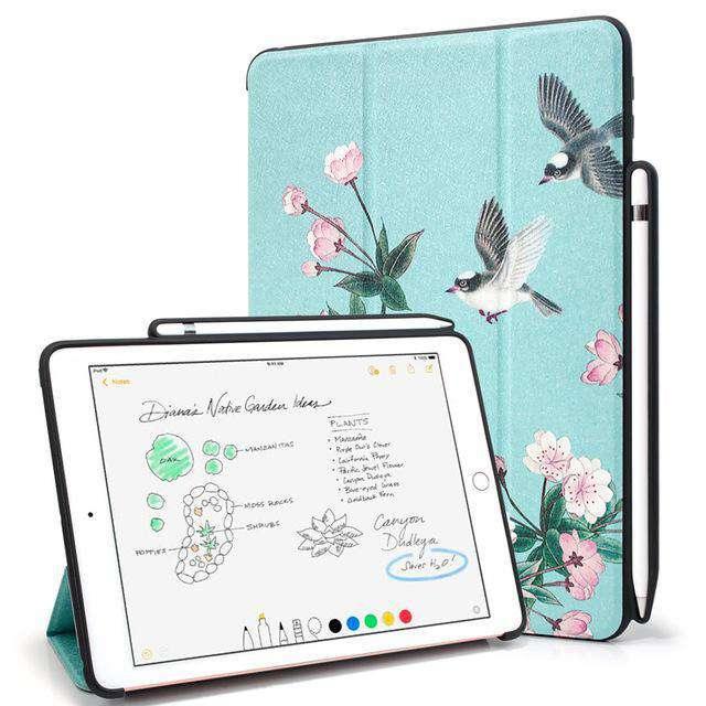 Luxury Silk Pencil Holder Smart Sleep Tri-fold Flowers Cover For iPad 6 - CaseBuddy