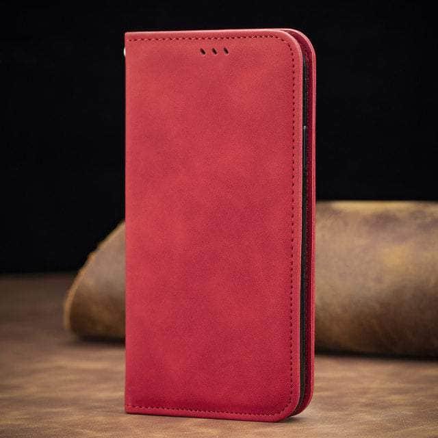 CaseBuddy Australia Casebuddy iPhone SE 2022 / Red Matte Leather Case For iPhone 13 12 11 Pro Mini XR XS Max X 8 7 6s 6 Plus Flip Book Case Cover For Apple iPhone SE 2022 2020
