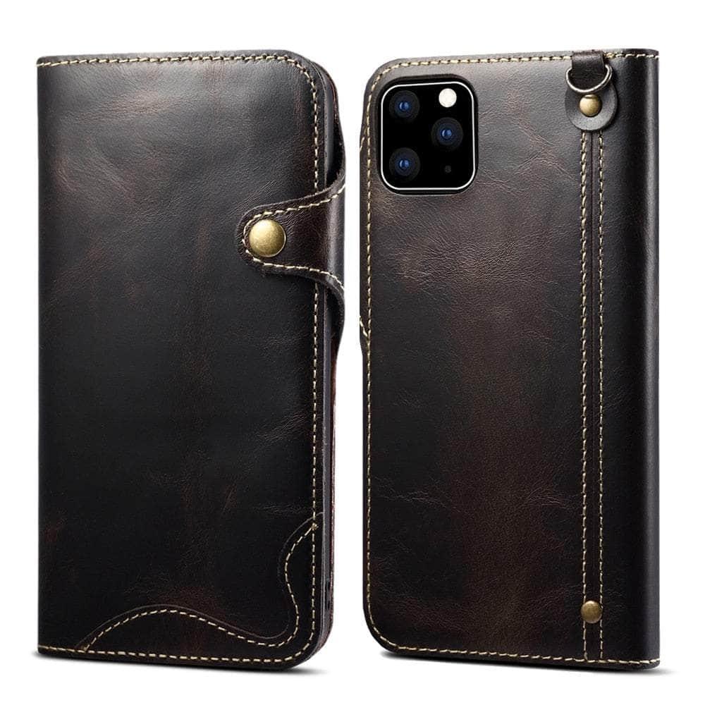 Casebuddy Black / For iPhone 14 Max Real Cowhide iPhone 14 Max Leather Case