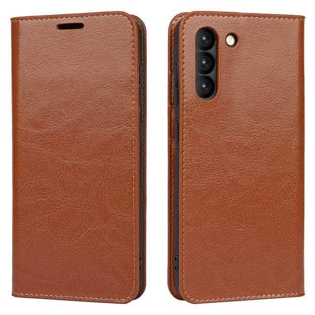 CaseBuddy Australia Casebuddy Galaxy S22 / Brown Real Genuine Leather Flip S22 Cover Credit Card Holder
