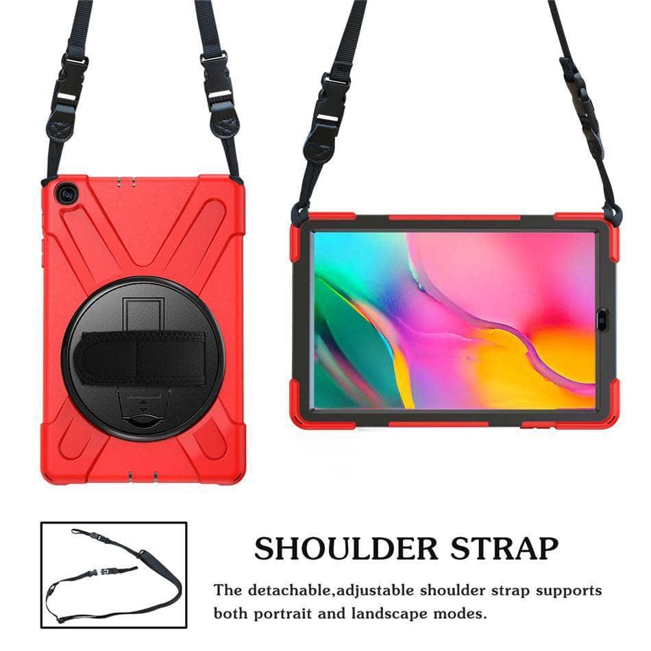 Tab A 10.1 2019 T510 T515 Rugged PC+Silicone Hard Cover 360 Swivel Stand Holder Hand & Neck Strap - CaseBuddy